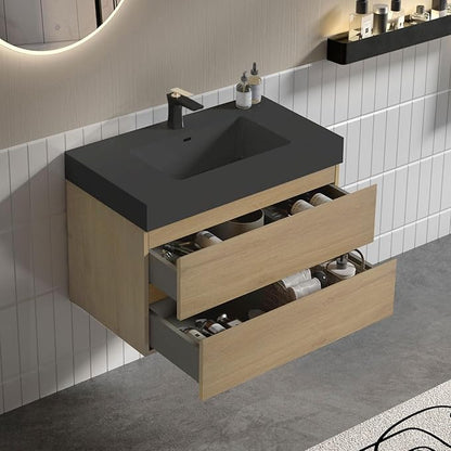 36" Floating Bathroom Vanity with Black Sink, Modern Bathroom Cabinet with Top and Soft Close Drawers, Spacious Storage for Small Space, Natural Oak - Lavanda Collection