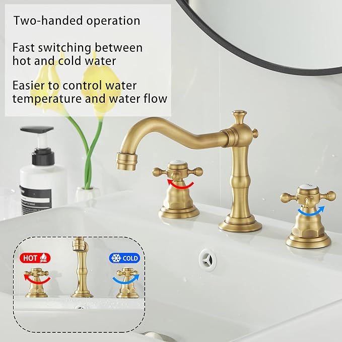 GGStudy 2 Handles 3 Holes Faucet Widespread Bathroom Sink Faucet Antique Brass Basin Tap Mixer Supply Hose Included Matching Metal Pop Up Drain