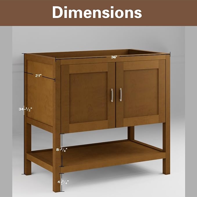 36" Natural Wood Bathroom Vanity Base Only – Freestanding Solid Wood Sink Cabinet with Open Shelf, Shaker Style Storage, No Top or Sink, 36" W x 21" D x 34.5" H