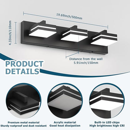 Joossnwell Black Vanity Lights for Bathroom Dimmable 5CCT (3-Light, 19.69-Inch) Modern Bathroom Light Fixtures Over Mirror Led Bath Vanity Lighting