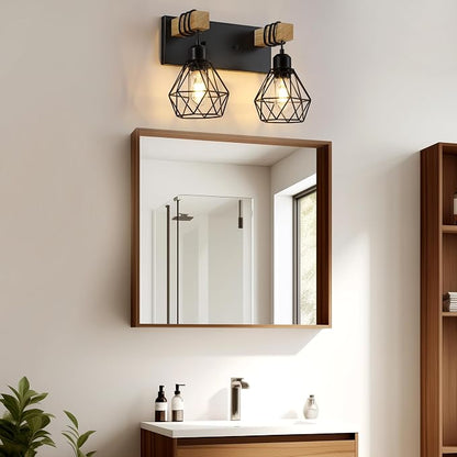 VbiTmn Bathroom Light Fixtures, 2 Light Black Farmhouse Wood Vanity Lights | Rustic Design, Diamond Metal Shades, Easy to Install, Wall Sconces for Bathroom, Bedroom, Makeup Area, Over Vanity Mirror