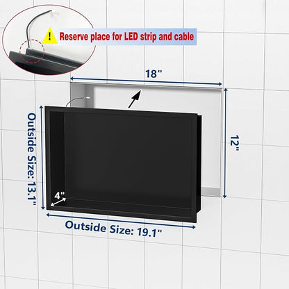 RGB LED Light Shower Niche, Matte Black 18X12 in Stainless Steel Recessed Storage with Remote Control, Waterproof No Tile Needed Wall Niche for Bathroom Storage Built-in Installation