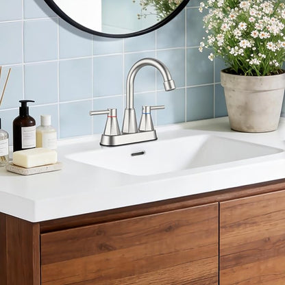 4-Inch Centerset Bathroom Sink Faucet 2-Handle, Brushed Nickel | Lead-free stainless steel, pop-up drain included, Detachable faucet aerator, 360°swivel spout, for vanity sink 3-hole mount