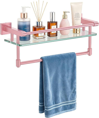 Bathroom Glass Shelf Towel Rack Shelf Glass Organizer Wall-Mounted Bathroom Storage SUS304 Stainless Steel Towel bar/Track Wall-Mounted Tempered Glass Stainless Steel Shelf (Pink, 16‘’ with Railing)