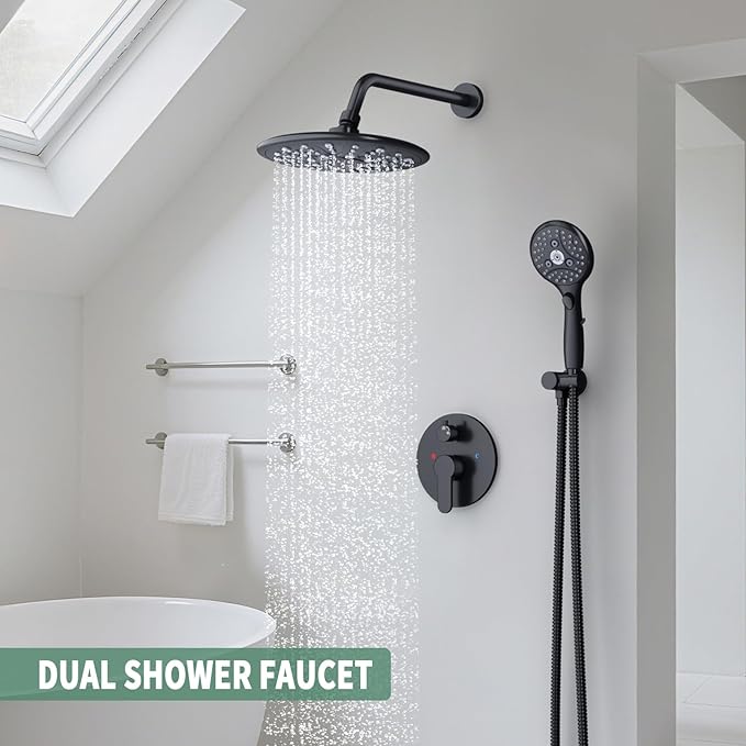 Suncleanse Black Shower Faucet Sets - 8.5" Rain Shower Head Combo with 7-Setting handheld Spray Complete Shower System - Rainfall Shower Fixtures with Rough-in Valve and Trim Kit for Luxury Bathroom