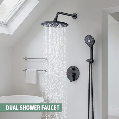 Suncleanse Black Shower Faucet Sets - 8.5" Rain Shower Head Combo with 7-Setting handheld Spray Complete Shower System - Rainfall Shower Fixtures with Rough-in Valve and Trim Kit for Luxury Bathroom