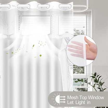 No Hook Shower Curtain and Liner Set, Brown Beach Coastal 71x74 | Nautical Ocean for Bathroom, with Snap in Liner Replacement, Mesh Top Window, Waterproof, Machine Washable, Quick-Drying