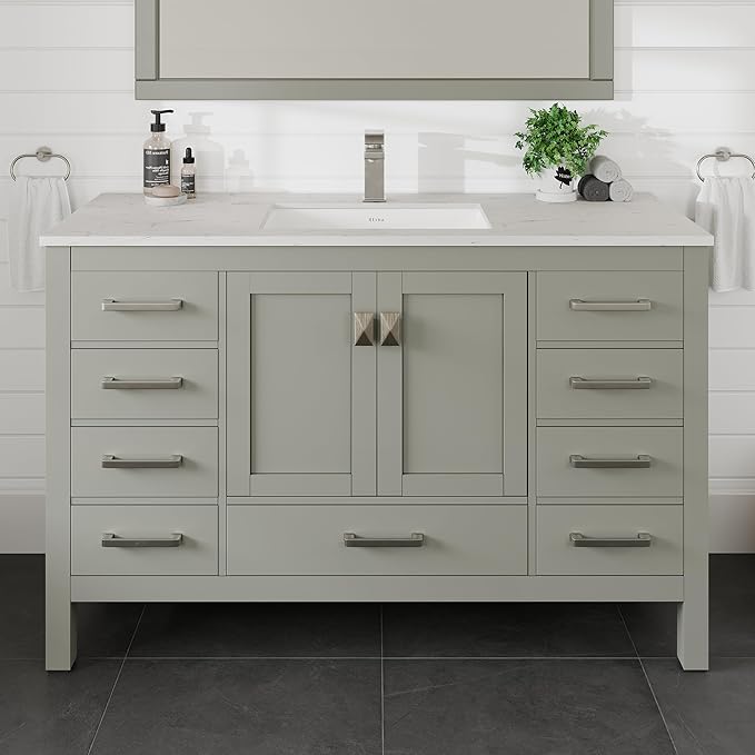 Eviva London 54 Inch Bathroom Vanity White Vanity Bathroom Sink Cabinet W/Quartz Countertop Porcelain Single Sink Design for Modern Bathrooms