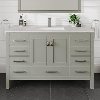 Eviva London 54 Inch Bathroom Vanity White Vanity Bathroom Sink Cabinet W/Quartz Countertop Porcelain Single Sink Design for Modern Bathrooms
