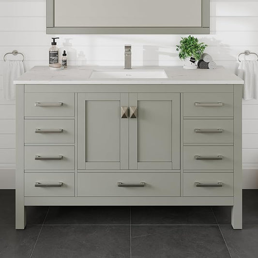 Eviva London 54 Inch Bathroom Vanity White Vanity Bathroom Sink Cabinet W/Quartz Countertop Porcelain Single Sink Design for Modern Bathrooms