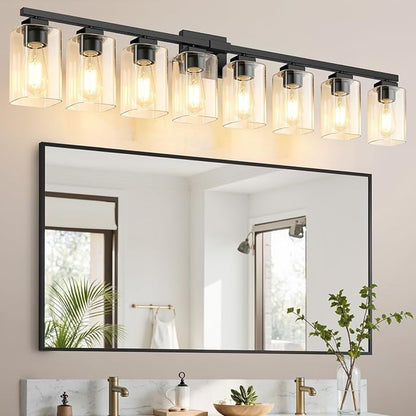 51” Bathroom Light Fixtures Over Mirror,8-Light Black Vanity Light | Large Size, Square Clear Glass & Durable Metal, Quick & Easy Installation, Standard E26 Socket, Bright Bathroom Lighting