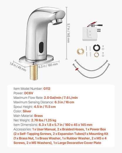 VEVOR Touchless Bathroom Sink Faucet, Automatic Motion Sensor Restroom Toilet Faucet Cold Water with Hole Cover Plate, Battery Operated for 9/16 in Pipe Commercial Lavatory,Chrome Plated Silver G112M