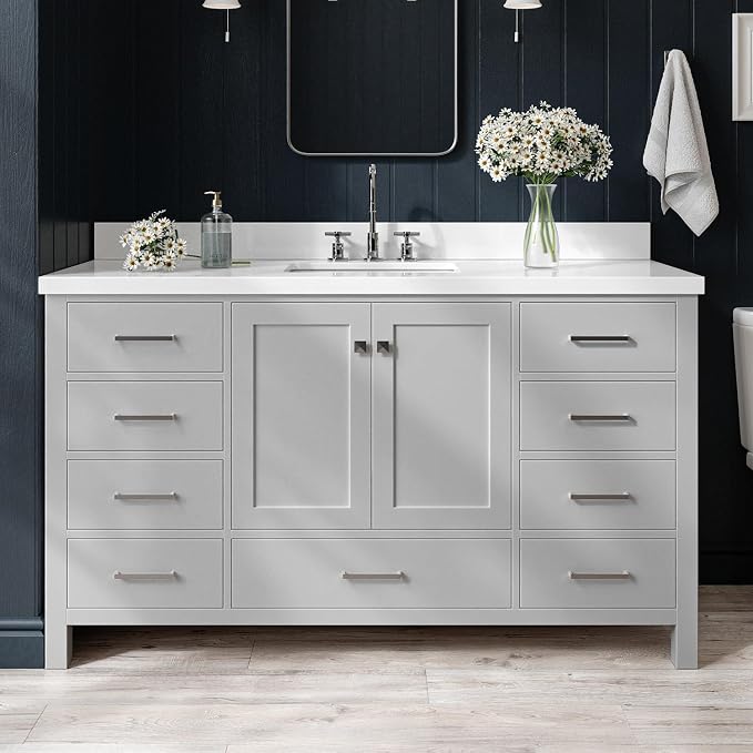 ARIEL Cambridge 60-inch Bathroom Vanity with Sink,Solid Wood, 1.5-inch Pure White Quartz Countertop & Backsplash, Single Rectangular Porcelain Sink, 2 Soft Closing Doors, 9 Dovetail Drawers, Grey