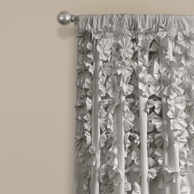 Lush Decor Riley Light Filtering Window Curtain Panel, Single 54" W x 84" L, Light Gray - Cute Gray Curtains for Bedroom - Bow Decor - Coquette Curtains for Windows