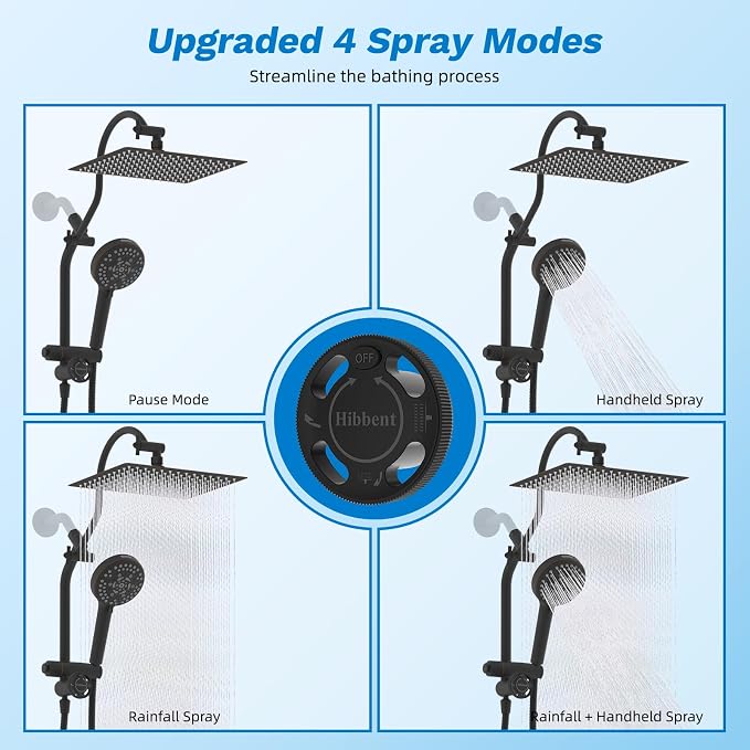 Hibbent High Pressue All Metal 12" Rainfall Shower Head, Handheld 10-Spray | cUPC Certified Oil-Rubbed Bronze Dual Showerhead Combo, 4-way Diverter with Pause Mode, Extension Arm, 71'' Hose & Holder