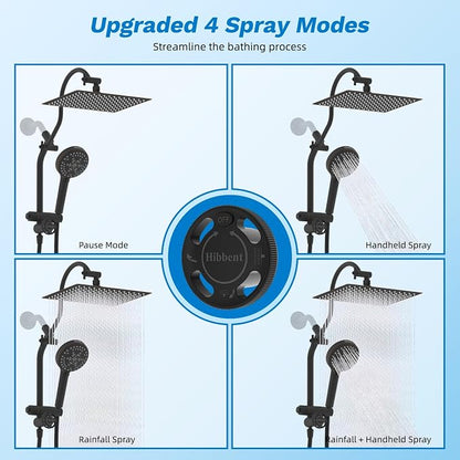 Hibbent High Pressue All Metal 12" Rainfall Shower Head, Handheld 10-Spray | cUPC Certified Oil-Rubbed Bronze Dual Showerhead Combo, 4-way Diverter with Pause Mode, Extension Arm, 71'' Hose & Holder