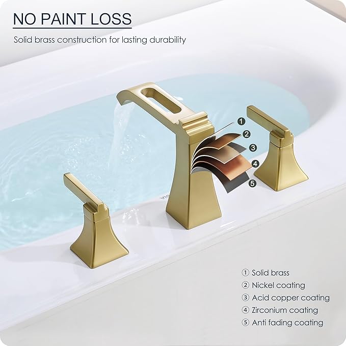 Brushed Gold Bathroom Faucet 3 Hole, Brass Waterfall 8 Inch Widespread Bathroom Sink Faucets with Pop-Up Drain, cUPC Water Hose, 2 Handles for Vanity, Restroom, Modern Hollowed Design