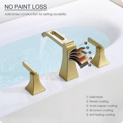 Brushed Gold Bathroom Faucet 3 Hole, Brass Waterfall 8 Inch Widespread Bathroom Sink Faucets with Pop-Up Drain, cUPC Water Hose, 2 Handles for Vanity, Restroom, Modern Hollowed Design
