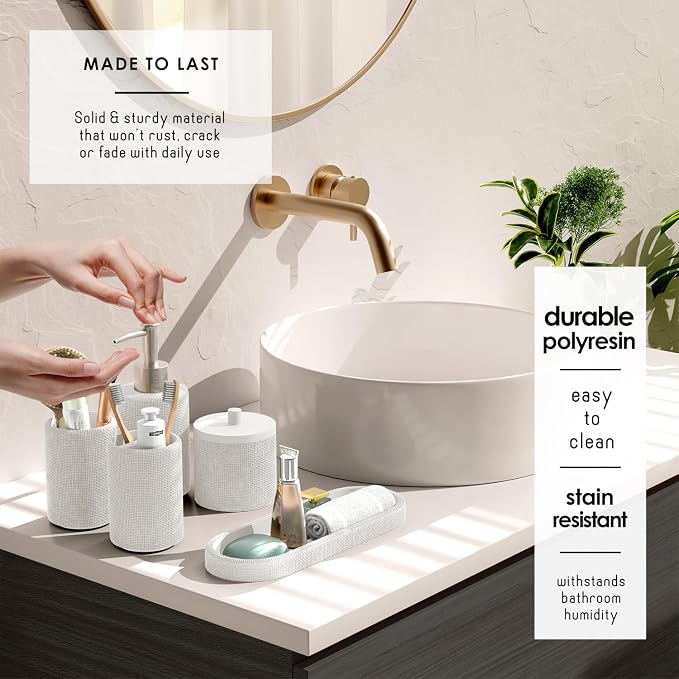Clara Clark Bathroom Set - White Bathroom Accessories Set, 24PC Bathroom Accessory Set, Bathroom Sets with Shower Curtain Set, Adhesive Corner Shower Caddy Hanging & Soap Dispenser