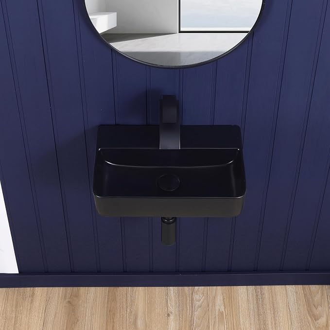 Wall Mount Bathroom Vessel Sink Matte Black 17.7"x11" Rectangular Floating Porcelain Ceramic Black Wall Hung Vanity Basin Sink for Home,RV,Bathroom