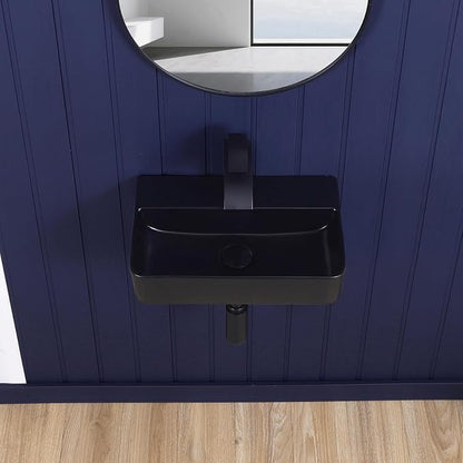 Wall Mount Bathroom Vessel Sink Matte Black 17.7"x11" Rectangular Floating Porcelain Ceramic Black Wall Hung Vanity Basin Sink for Home,RV,Bathroom