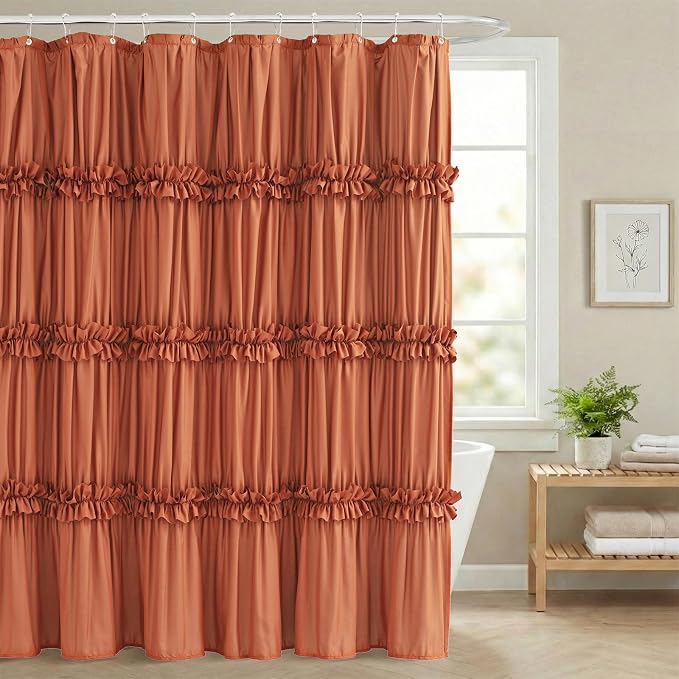 LIPA Boho Rustic Orange Ruffle Shower Curtain 72x72 Inches | Farmhouse Shower Curtains for Bathroom,Water‑Resistant Fabric Shower Curtain,Bohemian Bathroom Decor
