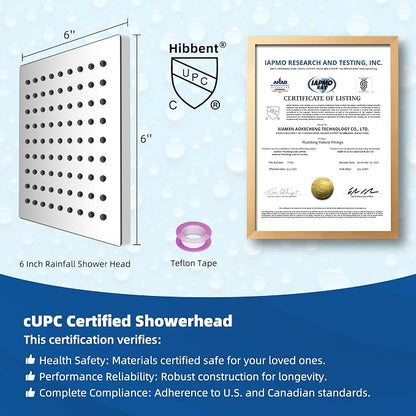 Hibbent cUPC Certified Thickness Metal 6'' Square Rain Shower Head, Chrome | High Pressure Shower Head, Bathroom Waterfall Shower Heads, High Flow Fixed Showerheads with Adjustable Brass Ball Joint