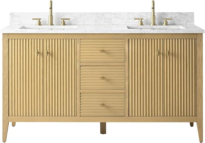 HOMEBEYOND 60" Bathroom Vanity with Double Sink, Solid Wood Bathroom Vanity Free-Standing Cabinet, Ceramic Top & Soft Closing Door, Golden Brushed Handware, Natural Oak
