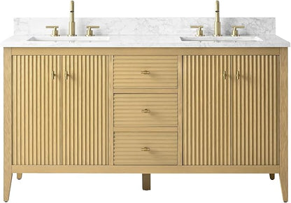 HOMEBEYOND 60" Bathroom Vanity with Double Sink, Solid Wood Bathroom Vanity Free-Standing Cabinet, Ceramic Top & Soft Closing Door, Golden Brushed Handware, Natural Oak