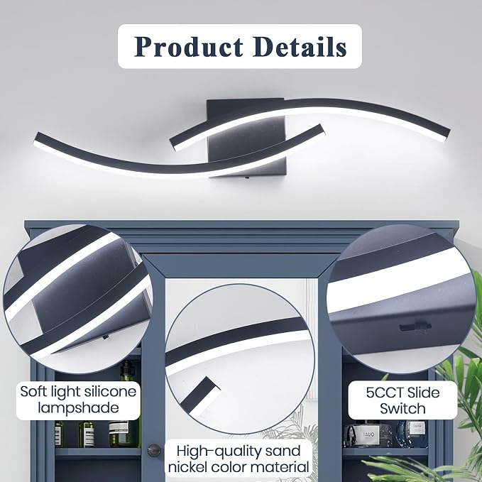 23.62 inch Vanity Light for Bathroom Lighting Fixtures Over Mirror Black Dimmable 5CCT Vanity Lighting Fixture Modern Bathroom Vanity Light 23 Inch Modern Wall lamp