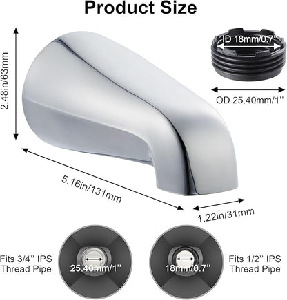 Dreyoo Universal Bath Tub Spout with Adapter, 5" Bathroom Bathtub Faucet Spout Without Diverter, Fits for 1/2'', 3/4'' IPS Inside Thread Connection and Tub/Shower Faucet Brands(Chrome)
