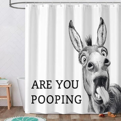 Funny Donkey Shower Curtain Rustic Farmhouse Shower Curtains for Bathroom Black and White Fun Cute Animal Wildlife are You Pooping Waterproof Fabric Bath Curtain Decor 72 X 72 Inch