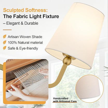 Bathroom Light Fixtures, 3-Light Brushed Gold Vanity Lights, Bathroom Lighting Fixtures Over Mirror with Flared White Fabric Shade, Modern Wall Sconces for Living Room Hallway