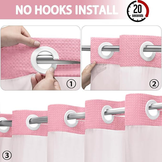 No Hook Shower Curtain with Liner Set Hotel Waffle Blush Pink 72W X 75L | Washable Snap in Fabric Liner, Mesh Top Window, Waffle Hotel Style Shower Curtain Set