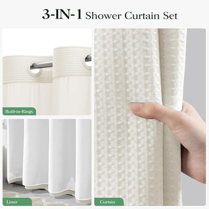 Ivory Hook Free Waffle Shower Curtain & Snap-in Fabric Liner,72x99 | Less Time to install, 3 in 1 Fabric Shower Curtain and Liner Set with Magnets, Extra Long, Shower Curtains for Bathroom