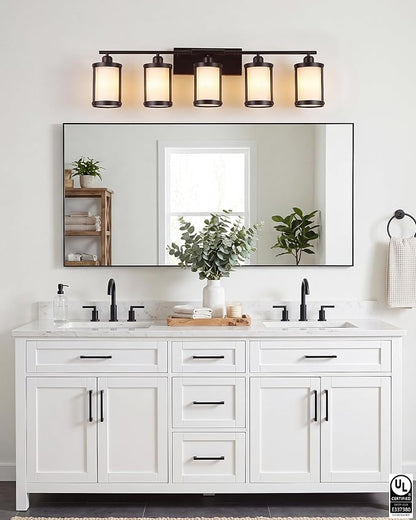 5-Light Oil Rubbed Bronze Bathroom Light Fixtures Over Mirror with Frosted Milk Glass and Metal Cage Shade, 38" UL-Listed Modern Farmhouse Wall Sconce for Bath, Hardwire E26, OS-3014ORBW-5W