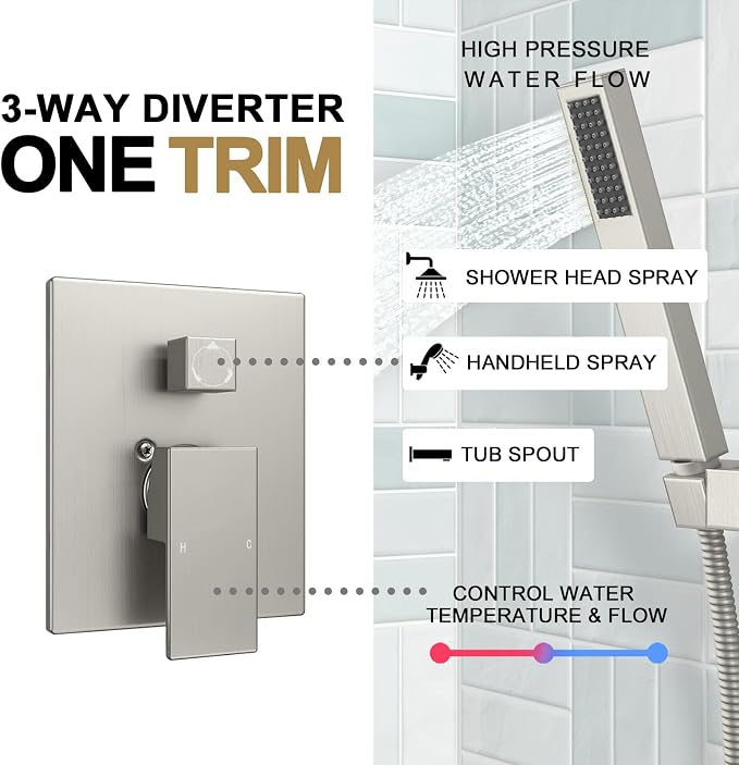Lava Odoro Modern 3-Setting Square Shower and Tub Faucet Set with Shower Head and Handheld Sprayer Brushed Nickel, Rainfall Shower System with Tub Spout, Shower Valve Trim Kit, SF103-BN-T