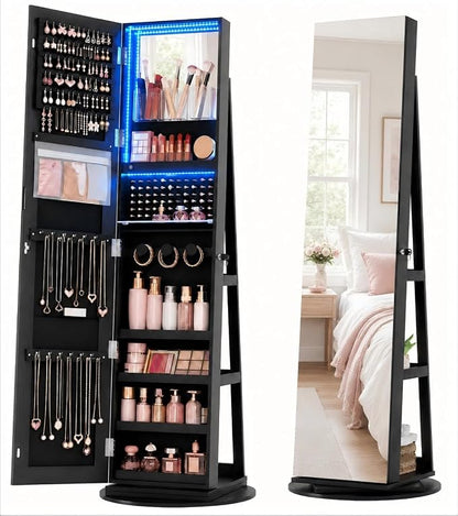 Vlsrka 360° Swivel Mirror Jewelry Cabinet, Lockable Jewelry Armoire, Black | Standing Jewelry Cabinet with Lights, Framelss Mirror with Storage, Foldable Makeup Shelf, Interior Mirror, Gift for Women