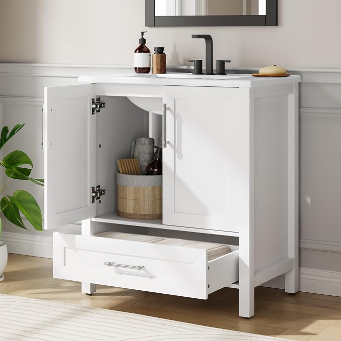 Garvee 30" Bathroom Vanity with Sink, Freestanding Bathroom Cabinet | White Bathroom Vanity Cabinet With Waterproof And Adjustable Foot & Soft-Door & Drawer & Metal Handle Easy Assembly