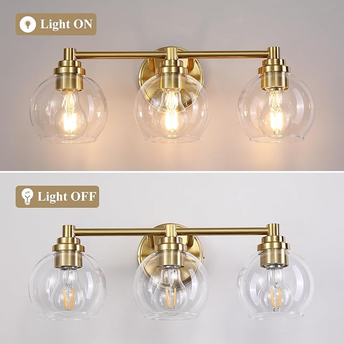 Upgrade 3-Light Bathroom Light Fixtures, Modern Vanity Light with Globe Glass Shade, Brushed Gold Bathroom Lights Over Mirror, Vanity Lights for Bathroom Bedroom Kitchen Hallway Living Room