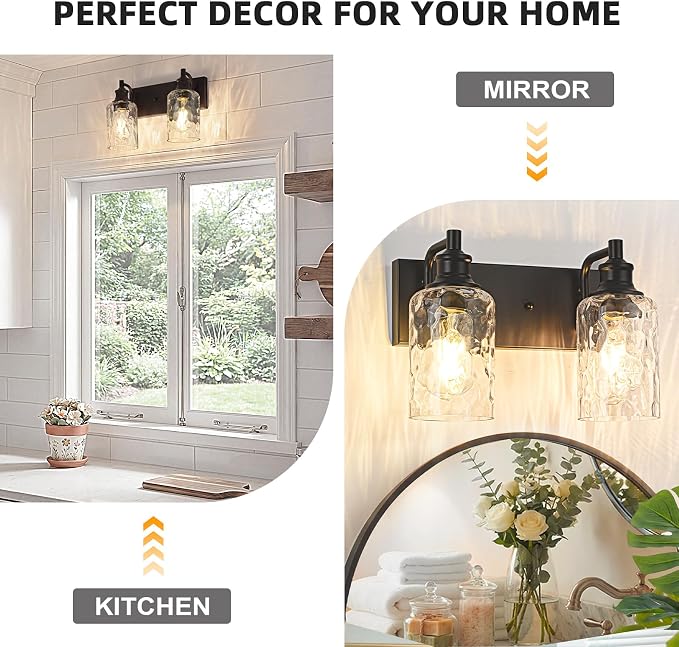 Bathroom Light Fixtures Over Mirror, 2 Lights Vanity Lights with Hammered Glass Shade, 12.7" Matte Black Farmhouse Bathroom Light Fixtures for Bedroom, Porch, Hotel, Mirror Cabinet