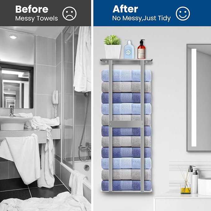 Bathroom Towel Storage Rack, Wall Mounted Bathroom Towel Rack | 30 inch Heavy Duty 6 Large Towels, Wall Mounted Towel Rack for Rolled Towels, Silver
