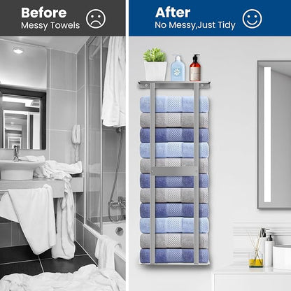 Bathroom Towel Storage Rack, Wall Mounted Bathroom Towel Rack | 30 inch Heavy Duty 6 Large Towels, Wall Mounted Towel Rack for Rolled Towels, Silver