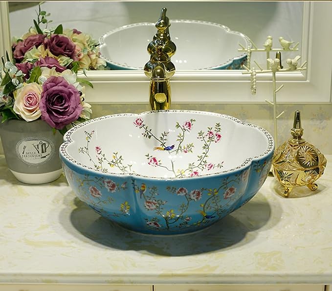 Ceramic Bathroom Vessel Sinks American Style Blue White Countertop Sink Bowl with Flower Bird Pattern without Faucet,Dia.16.4x"H5.9" Size