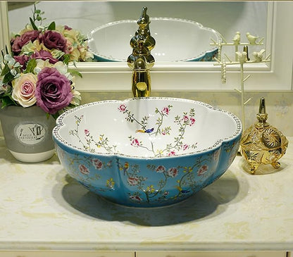 Ceramic Bathroom Vessel Sinks American Style Blue White Countertop Sink Bowl with Flower Bird Pattern without Faucet,Dia.16.4x"H5.9" Size