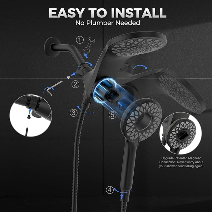 High Pressure Rain Shower Head with Handheld Spray Combo | Detachable Dual Shower Head with 10 Sprays Modes - Upgrade Knob Spray Mode Selector and Magnetic Guidance Docking System