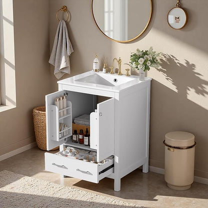 24" Freestanding Bathroom Vanity with Sink, Floor Stand Bathroom Storage Cabinet with Ceramic Sink, Doors with Double-Layered Storage Shelves, Modern Compact Vanity with Divided Drawer, White