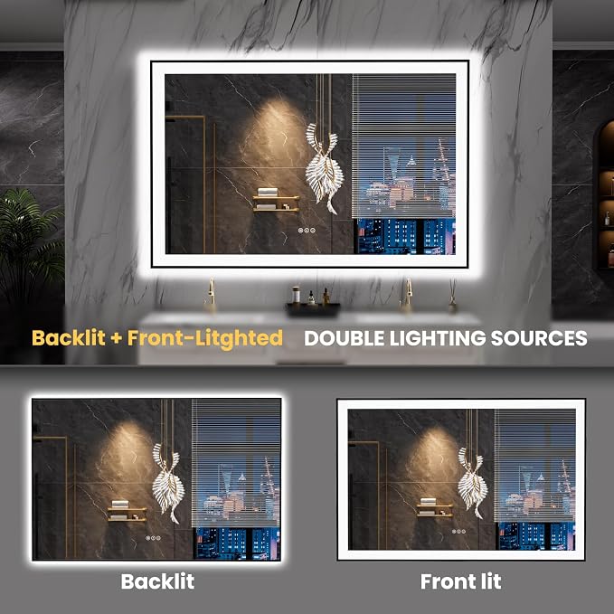 LOAAO 55"X36" LED Bathroom Mirror Black Framed | Anti-Fog, Dimmable, Memory Function, Tempered Glass, Lighted Vanity Mirror for Wall