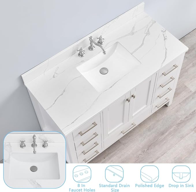 48 in. W x 22 in D Quartz Vanity Top in Calacatta Rocky, Vanity Sink Top with Assembled Single Drop-in Sink, Pre-Drilled Widespread Faucet Holes Countertop with 4" H Backsplash