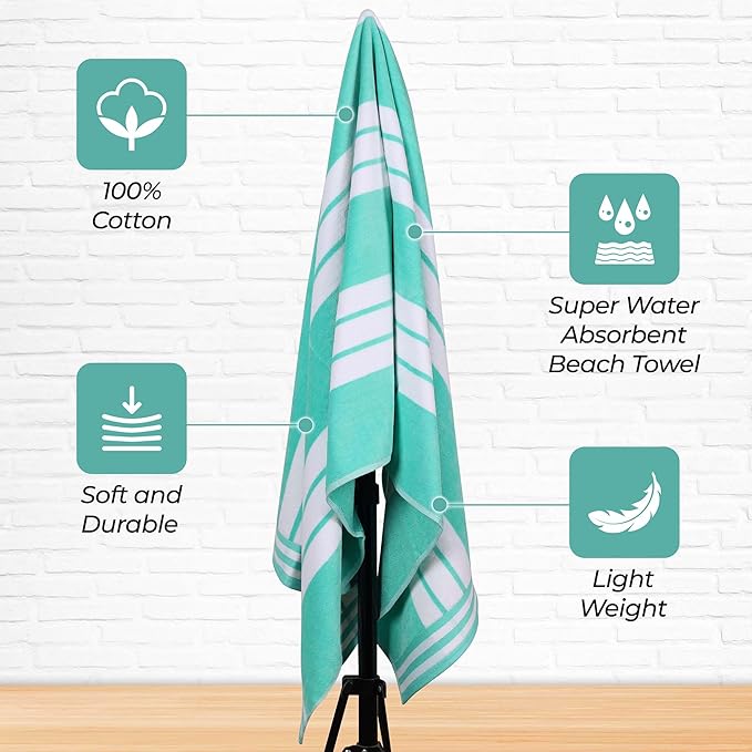 Superior Cotton Cabana Striped Beach Towels, Colorful Towels for Adult, Kid, Pool, Swimming, Sand, Travel, Large Oversized, Absorbent, Fast Drying, Bath Basics, Cabana Collection, 1 Piece, Mint